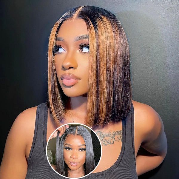 5X6 Lace Glueless Bob Highlight color Pre Cut Lace Front Wigs For Black Women Pre Bleached Knots Wigs For Beginner Human Hair Pre Plucked Ready to Wear Wig Straight Bob Human Hair Wigs