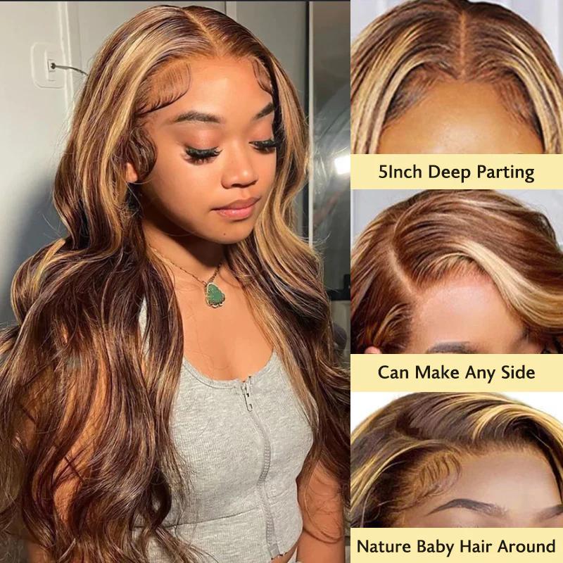 Ownmehair 13x4 Glueless Lace Front Highlight Piano Colored Wig Easy-Wear Upgrade HD Lace Natural Hairline Human Hair Wig Beginner-Friendly