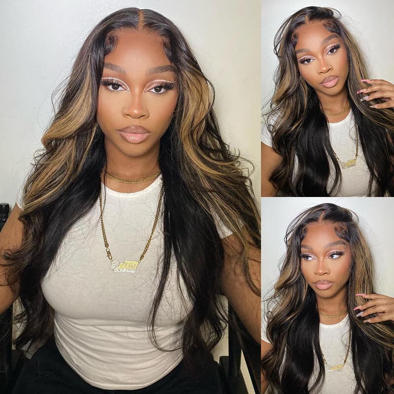 Ownmehair Highlight Gold Sand Colored 13x4 Lace Frontal Pre-Cut Lace Easy-Wear Wigs Body Wave Natural Hairline Human Hair Wig