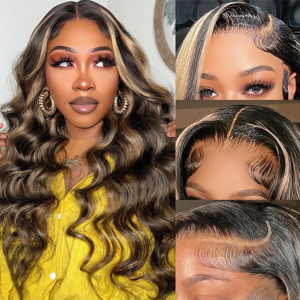 Ownmehair 13x4 Lace Balayage Highlight Colored Lace Frontal Wigs Body Wave Human Hair Wigs Free Part