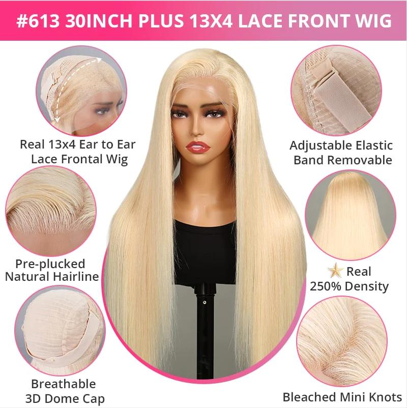 Ownmehair 30" Glueless 6x5/13x4 Lace #613 Highlight Bone Straight Beginner Friendly Human Hair Wigs