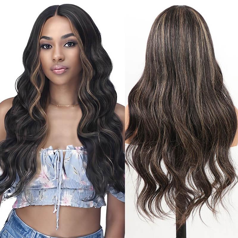 Ownmehair Highlight Gold Sand Colored 13x4 Lace Frontal Pre-Cut Lace Easy-Wear Wigs Body Wave Natural Hairline Human Hair Wig