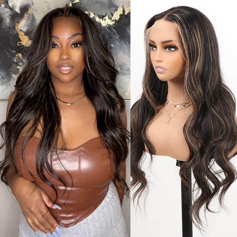 Ownmehair Highlight Gold Sand Colored 13x4 Lace Frontal Pre-Cut Lace Easy-Wear Wigs Body Wave Natural Hairline Human Hair Wig