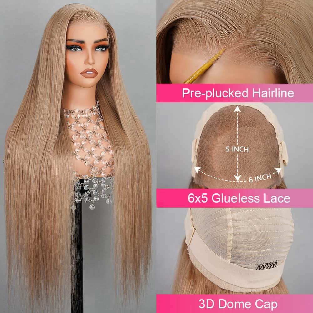 Ownmehair Ash Honey Blonde 5x6 Pre-Cut Lace in Brown Color Straight Style with C-Part Design Human Hair - Customized Elegance