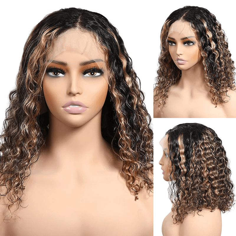 Water Wave Balayage 4x4/13X4/13X6 Transparent Lace Frontal Human Hair Bob Wig