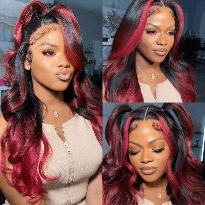 New Dark Burgundy With Rose Red Highlights 13x4 Lace Front Hand Pre Plucked Wig