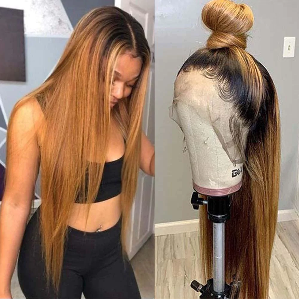 Straight Honey Brown Ombre 1B/27 Human Hair Lace Front Wigs