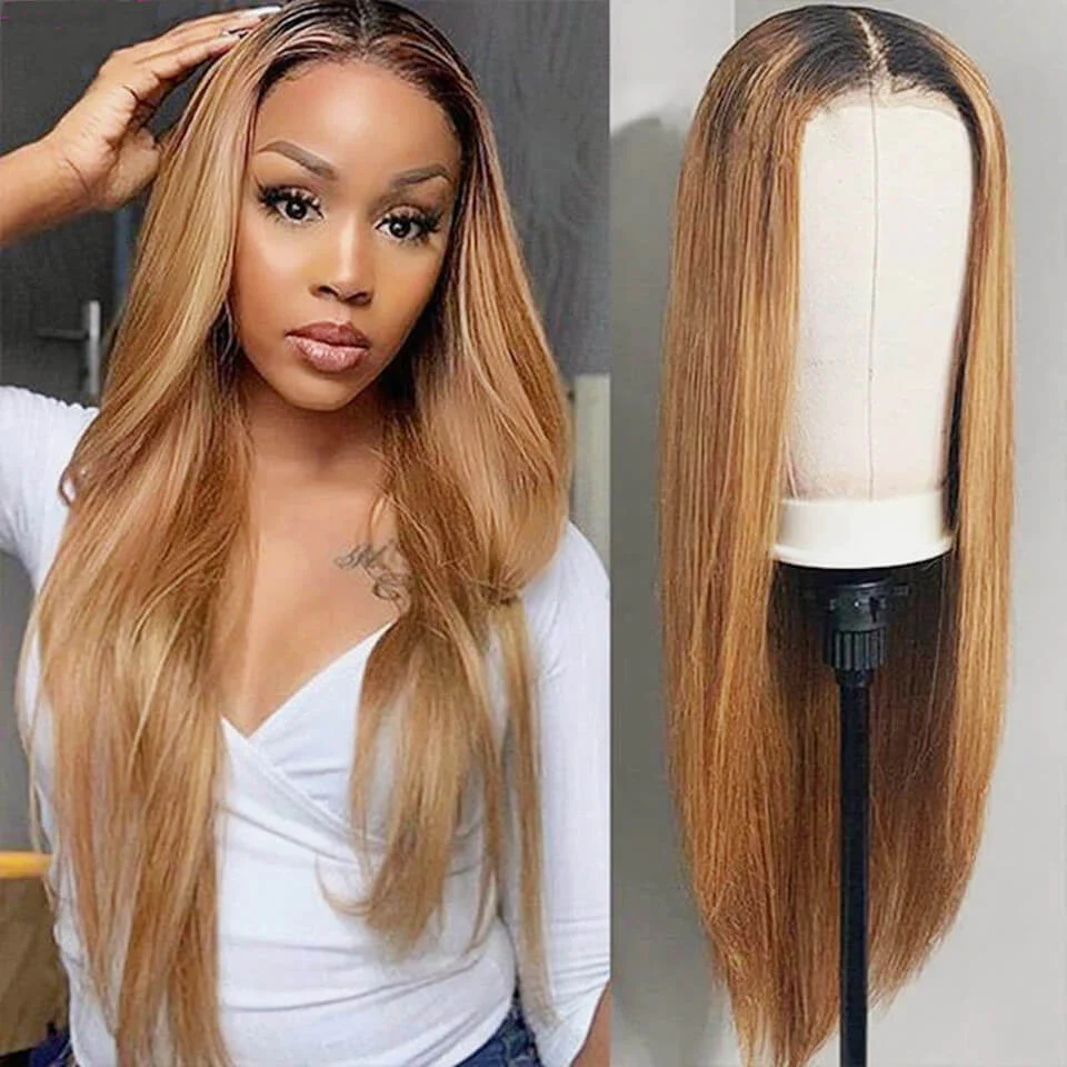 Straight Honey Brown Ombre 1B/27 Human Hair Lace Front Wigs