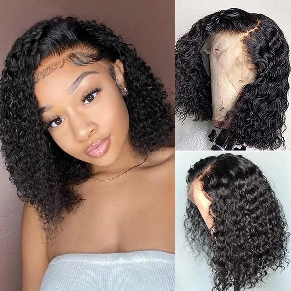 Natural Black L Part Water Wave Glueless Lace Wigs Short Bob Wig