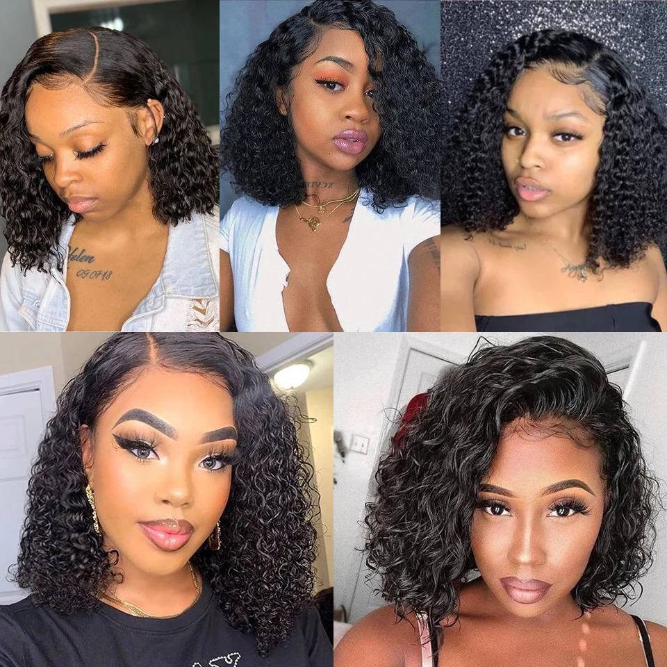 Natural Black L Part Water Wave Glueless Lace Wigs Short Bob Wig