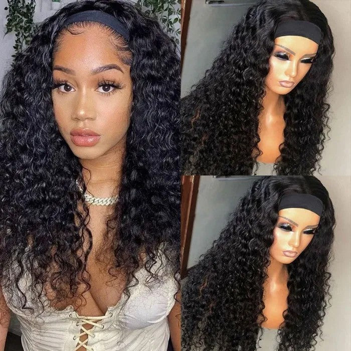 Headband Wig Brazilian Water Wave Scarf Wig 10-30 Inch Human Hair Wigs For Women