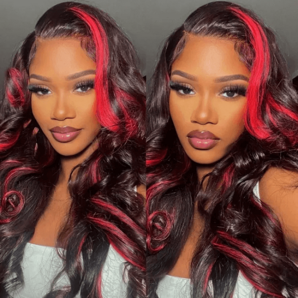 New Dark Burgundy With Rose Red Highlights 13x4 Lace Front Hand Pre Plucked Wig