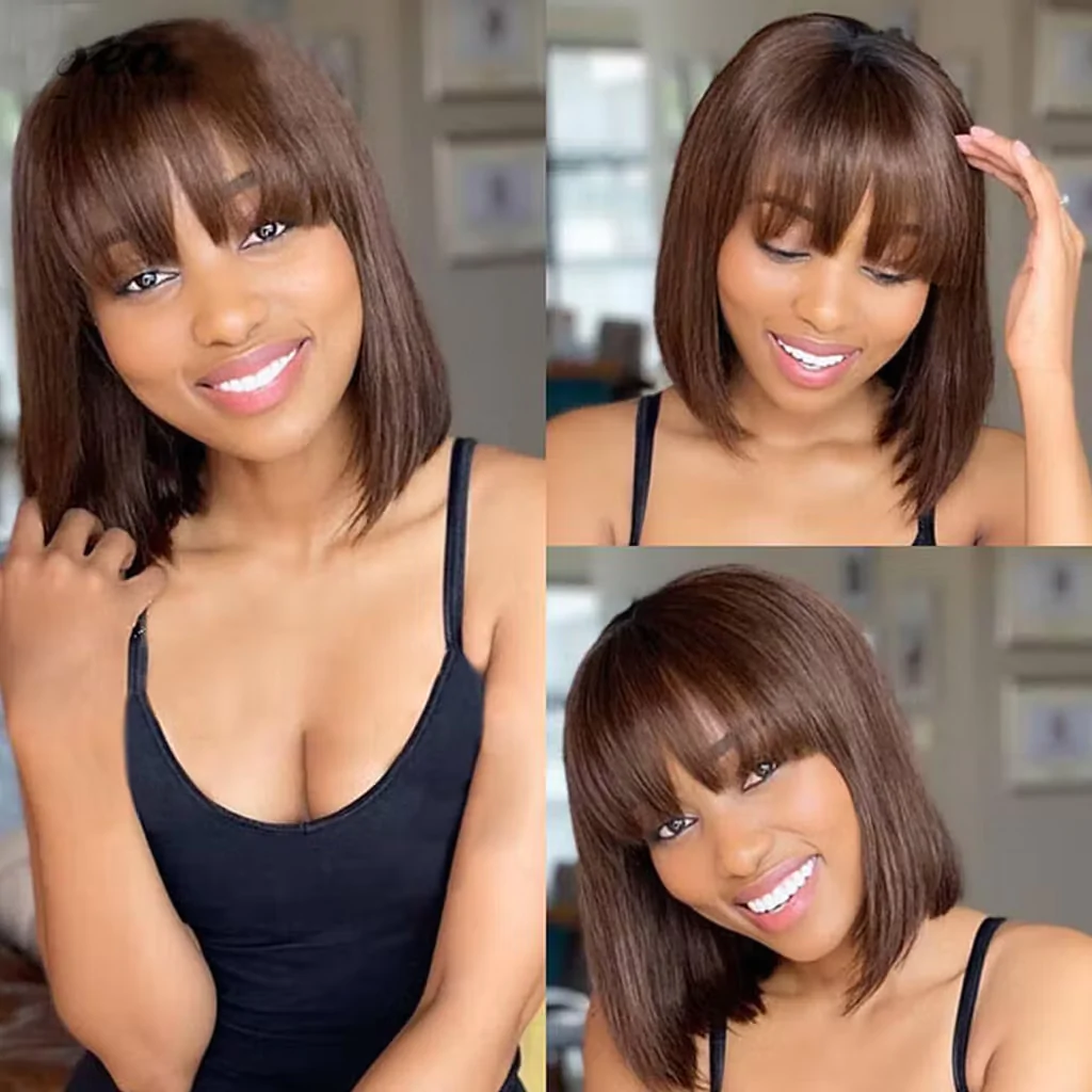 Silk Straight Chestnut Dark Brown #4 Bob Wig With Bangs Straight Human Hair Wigs