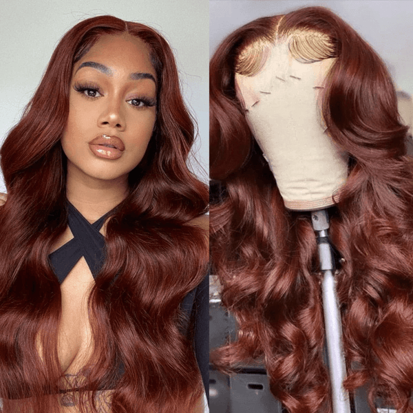 HD Real Glueless 5x5 Transparent Lace Wear On & Go Body Wave Wigs #33 Red Reddish Brown Auburn Color