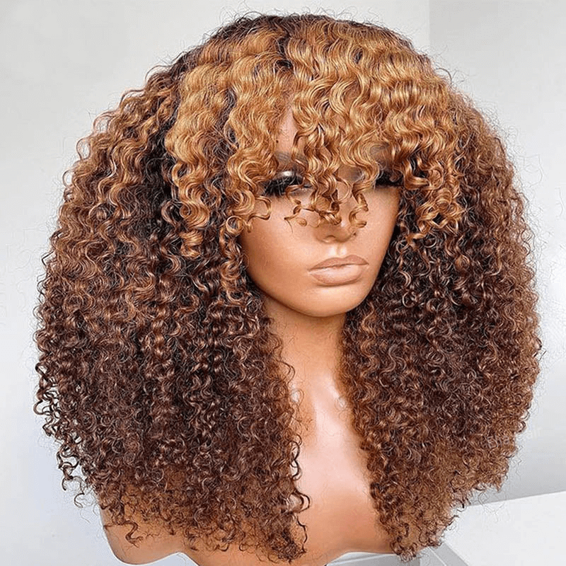 P4/27 Curly Wig With Bangs Non Lace Natural Color Virgin Human Hair Wigs