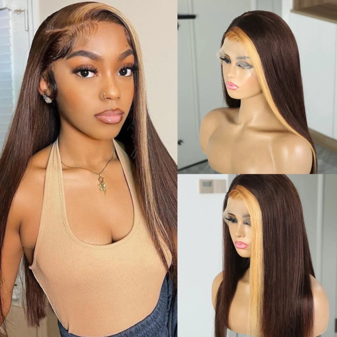 Skunk Stripe Highlight H427 Color 4x4/5x5/13x4 Transparent Lace Straight Glueless Long Wig 180% Density