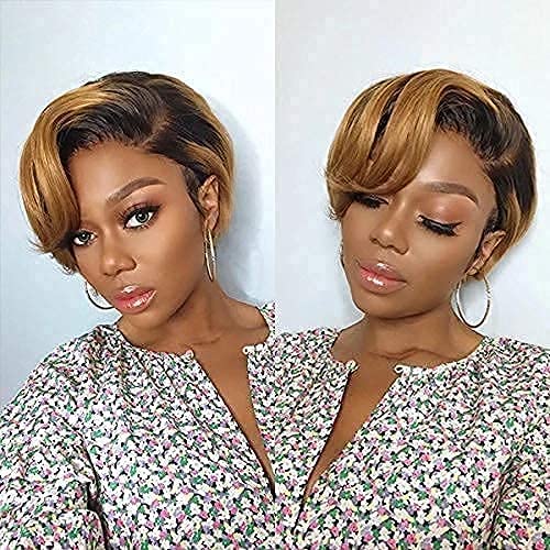 Side Part Pixie Cut Style Short Hair Highlight Piano T Part Lace Frontal Human Hair Wig 180% Density