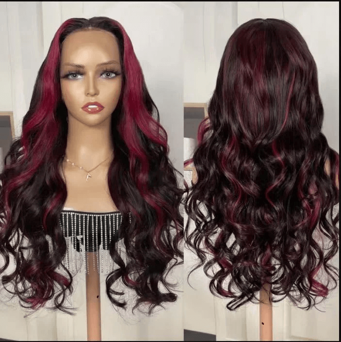 New Dark Burgundy With Rose Red Highlights 13x4 Lace Front Hand Pre Plucked Wig