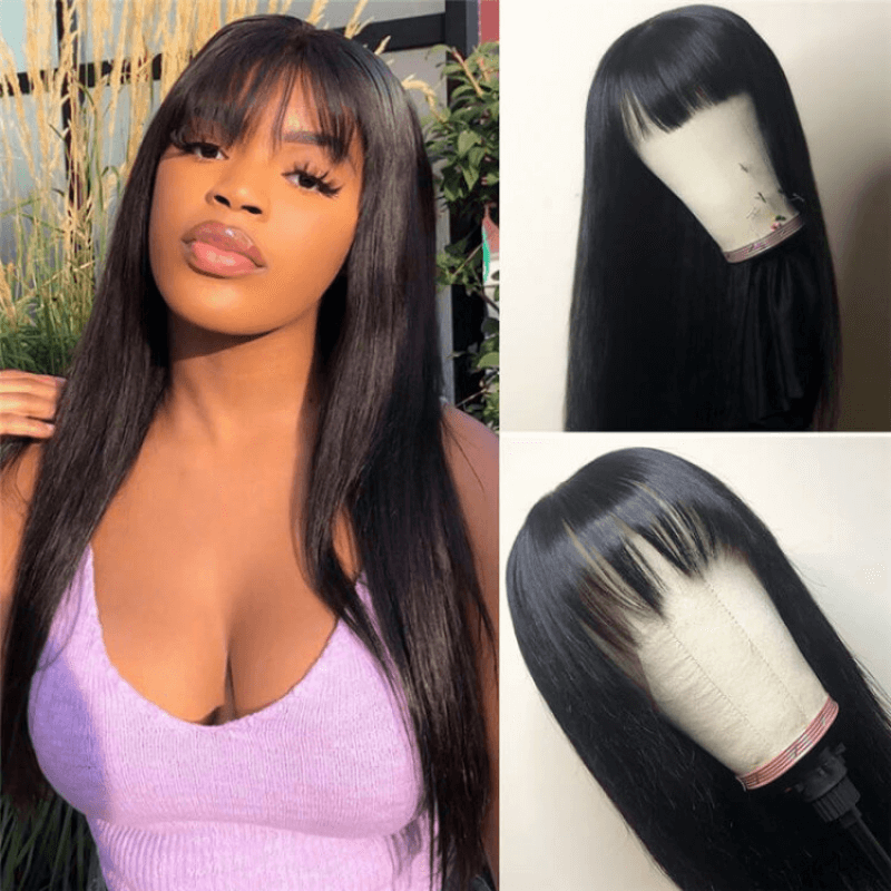 Glueless Wear& Go With Bangs Wigs No Lace Straight/Body Wave 100% Natural Black Human Hair Wigs