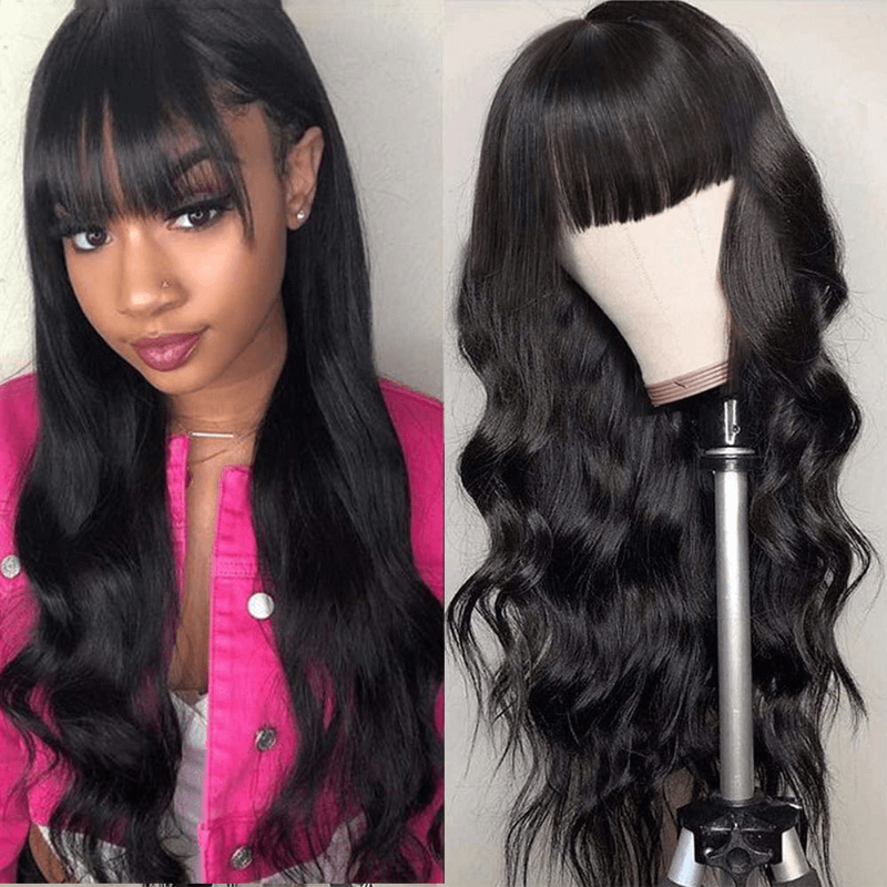 Glueless Wear& Go With Bangs Wigs No Lace Straight/Body Wave 100% Natural Black Human Hair Wigs