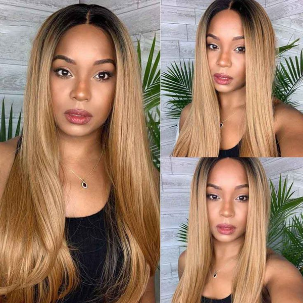 Straight Honey Brown Ombre 1B/27 Human Hair Lace Front Wigs
