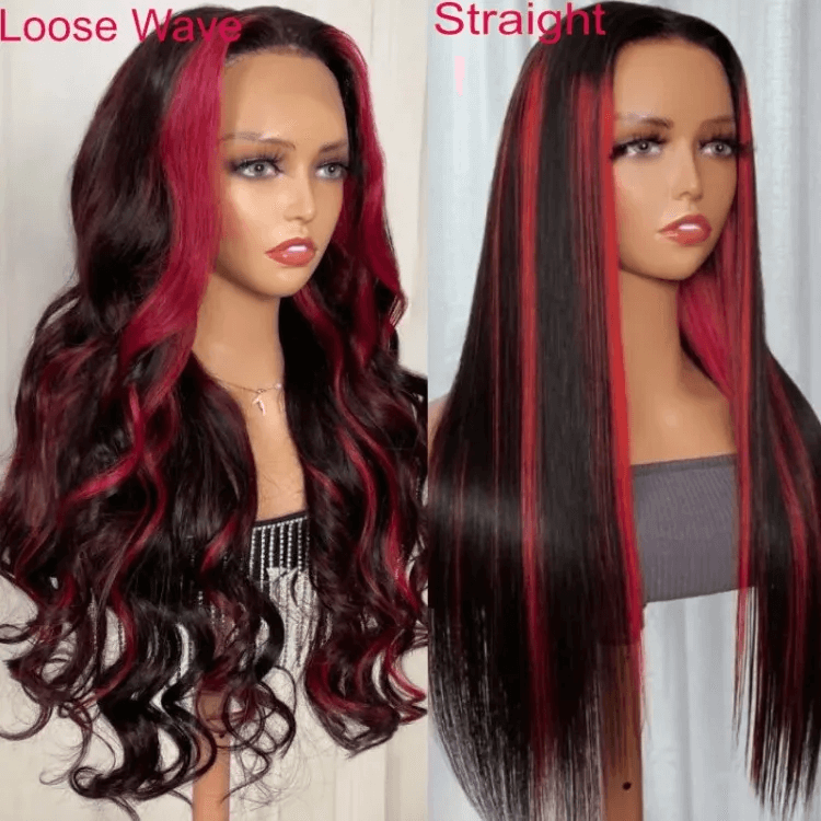 New Dark Burgundy With Rose Red Highlights 13x4 Lace Front Hand Pre Plucked Wig