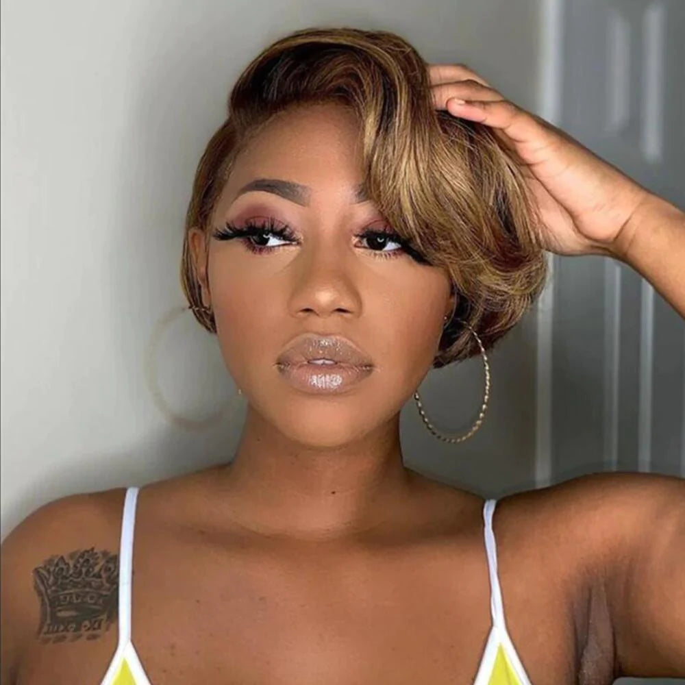 Side Part Pixie Cut Style Short Hair Highlight Piano T Part Lace Frontal Human Hair Wig 180% Density