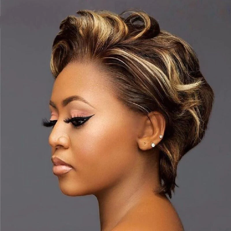 Side Part Pixie Cut Style Short Hair Highlight Piano T Part Lace Frontal Human Hair Wig 180% Density