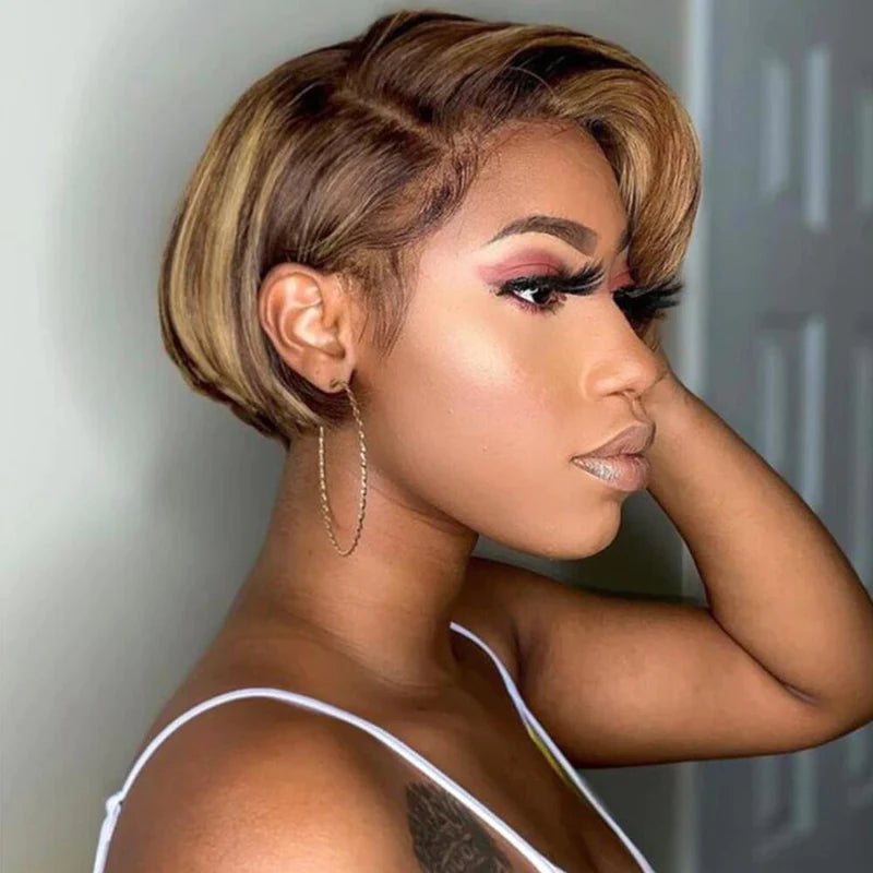 Side Part Pixie Cut Style Short Hair Highlight Piano T Part Lace Frontal Human Hair Wig 180% Density