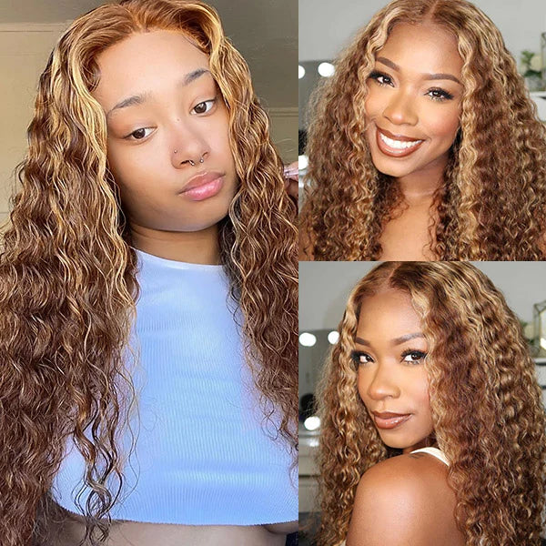Glueless Curly Style Honey Blonde Piano Highlights Color Wig Transparent Lace Wig