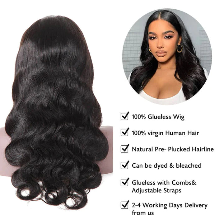 Real Glueless Easy To Wear Natural Black 5x5 Lace Closure Body Wave/ Straight Pre Plucked Glueless Wig