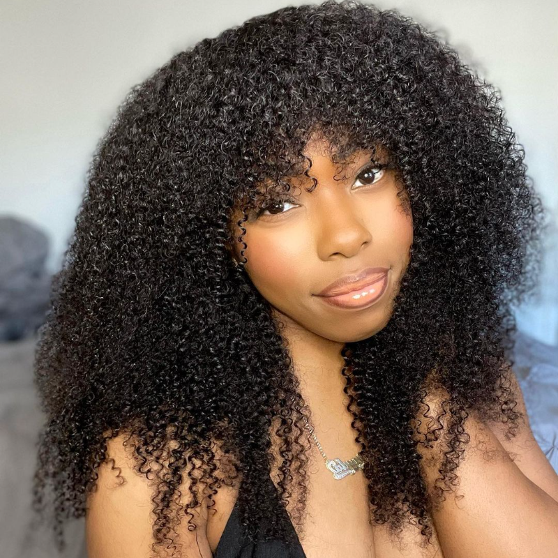 P4/27 Curly Wig With Bangs Non Lace Natural Color Virgin Human Hair Wigs