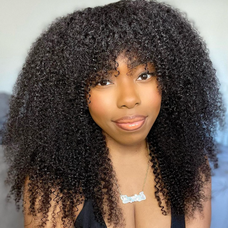 P4/27 Curly Wig With Bangs Non Lace Natural Color Virgin Human Hair Wigs