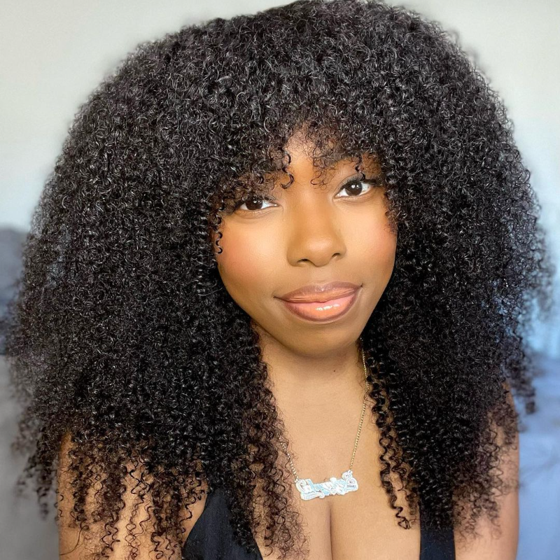 Glueless Natural Black Curly Wig With Bangs Non Lace Virgin Human Hair Wigs