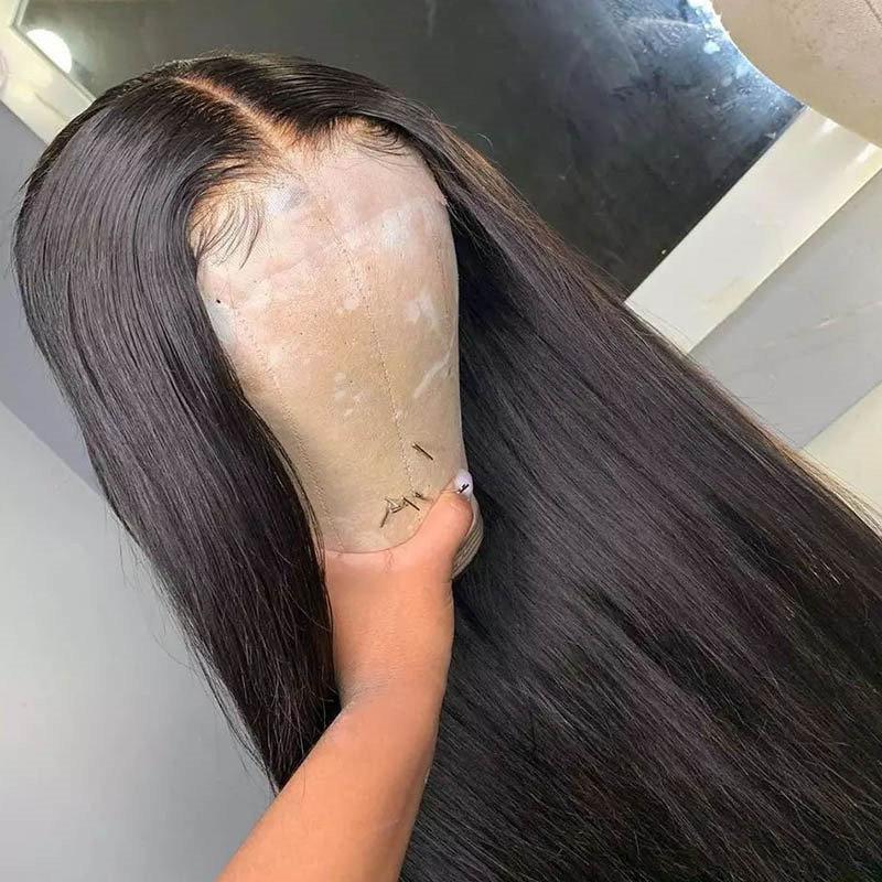 Pre Plucked Human Hair Wigs Straight Black T Part Lace Wigs