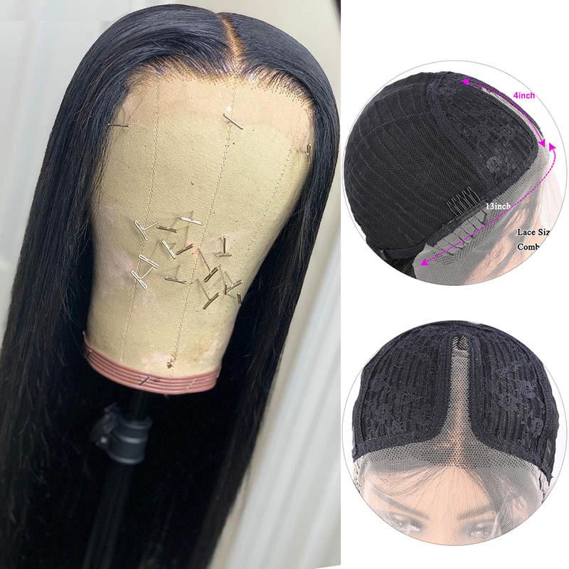 Pre Plucked Human Hair Wigs Straight Black T Part Lace Wigs