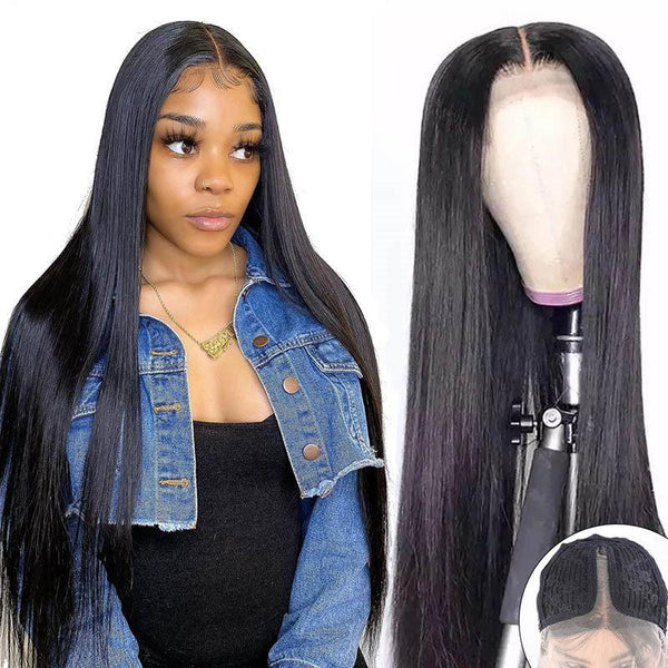 Pre Plucked Human Hair Wigs Straight Black T Part Lace Wigs