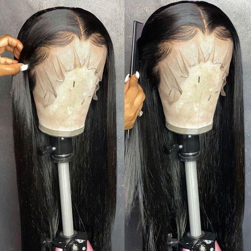 Pre Plucked Human Hair Wigs Straight Black T Part Lace Wigs