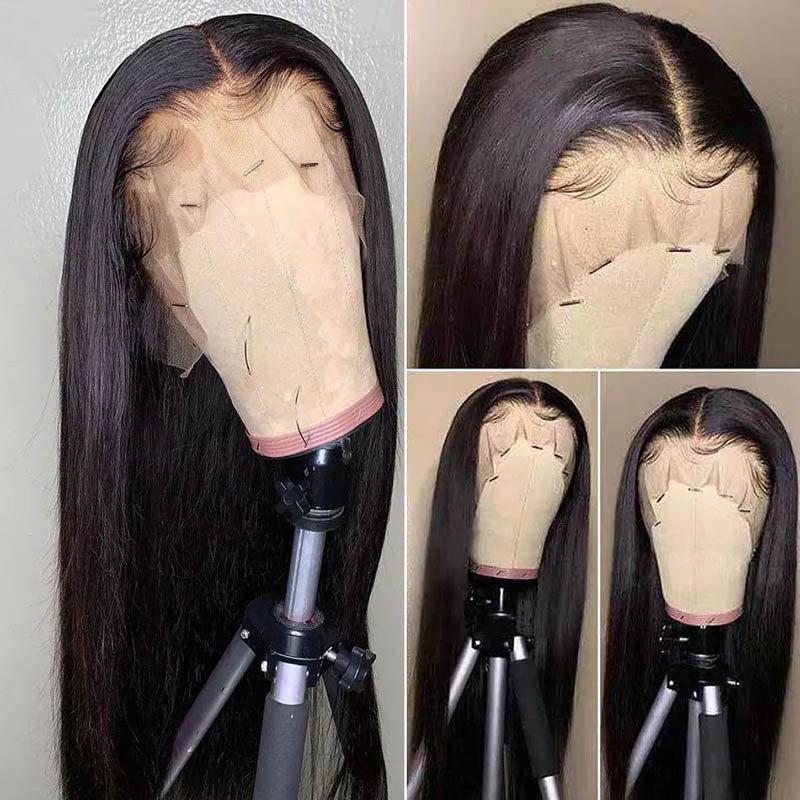 Pre Plucked Human Hair Wigs Straight Black T Part Lace Wigs