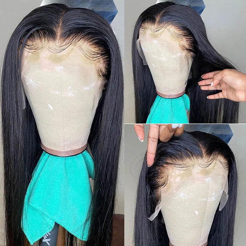 Pre Plucked Human Hair Wigs Straight Black T Part Lace Wigs