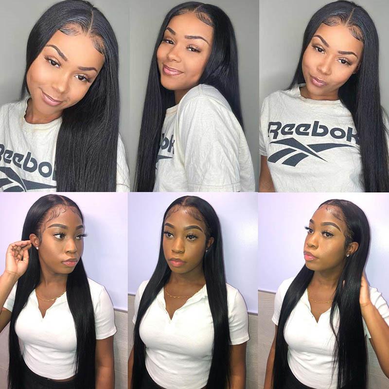 Pre Plucked Human Hair Wigs Straight Black T Part Lace Wigs