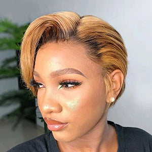 Side Part Pixie Cut Style Short Hair Highlight Piano T Part Lace Frontal Human Hair Wig 180% Density