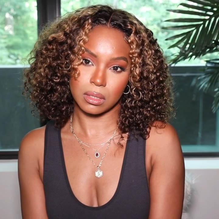 Highlight Deep Curly Bob Human Hair Wigs Ombre Honey Brown 4x4 Lace Closure Wigs