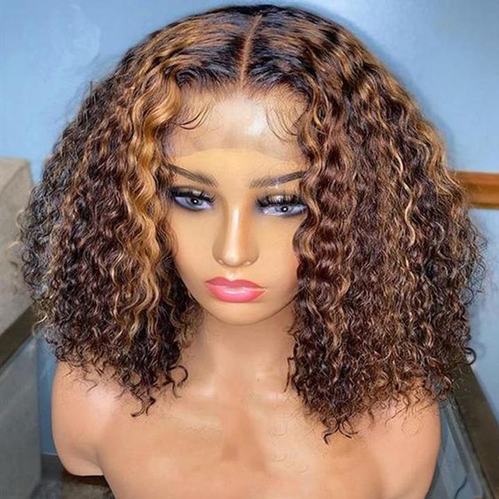 Highlight Deep Curly Bob Human Hair Wigs Ombre Honey Brown 4x4 Lace Closure Wigs