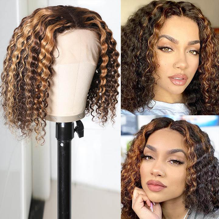 Highlight Deep Curly Bob Human Hair Wigs Ombre Honey Brown 4x4 Lace Closure Wigs