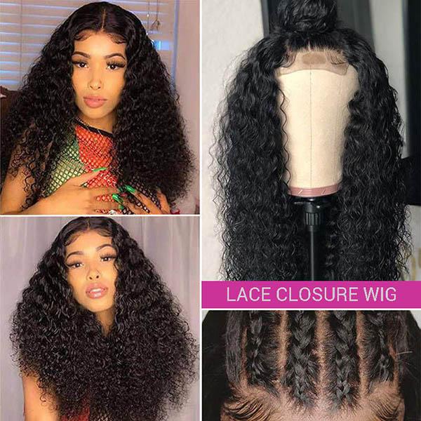 Kinky Curly 5x5 Lace Closure Wigs Virgin Pre Plucked Human Hair Wigs Black Wig