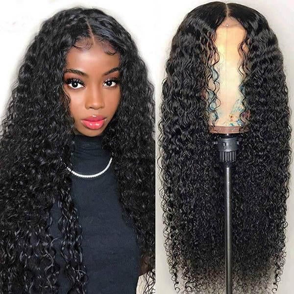 Kinky Curly 5x5 Lace Closure Wigs Virgin Pre Plucked Human Hair Wigs Black Wig