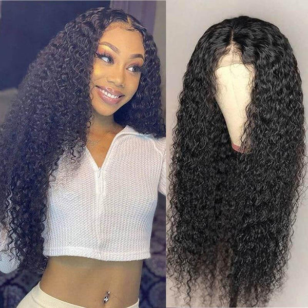 Kinky Curly Pre Plucked T Part Lace Wigs Natural Black Human Hair Wigs