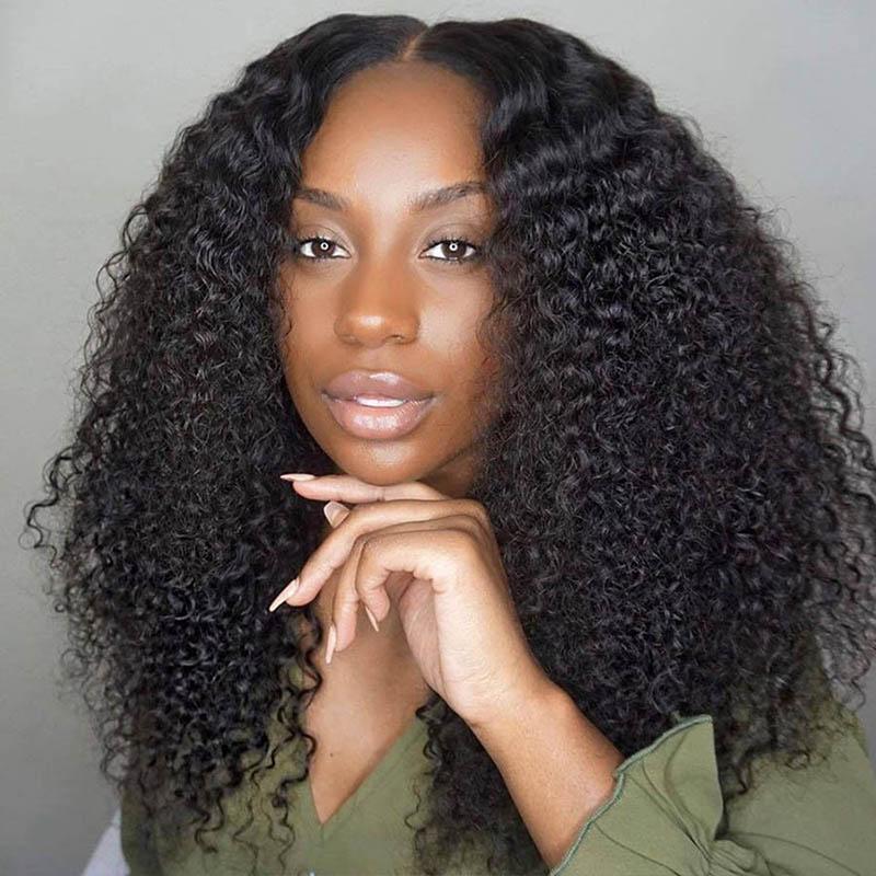 Kinky Curly Pre Plucked T Part Lace Wigs Natural Black Human Hair Wigs