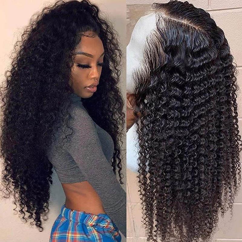 Kinky Curly Pre Plucked T Part Lace Wigs Natural Black Human Hair Wigs